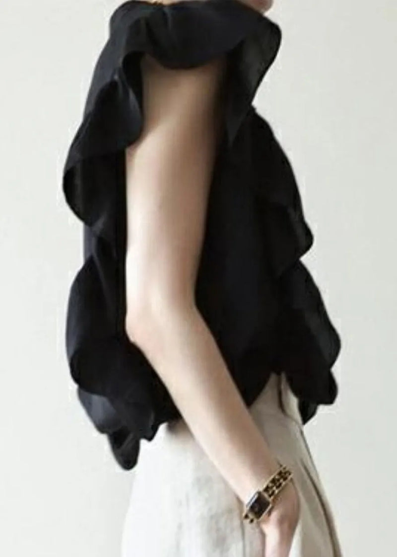 Black Ruffled Button Silk Vest Sleeveless