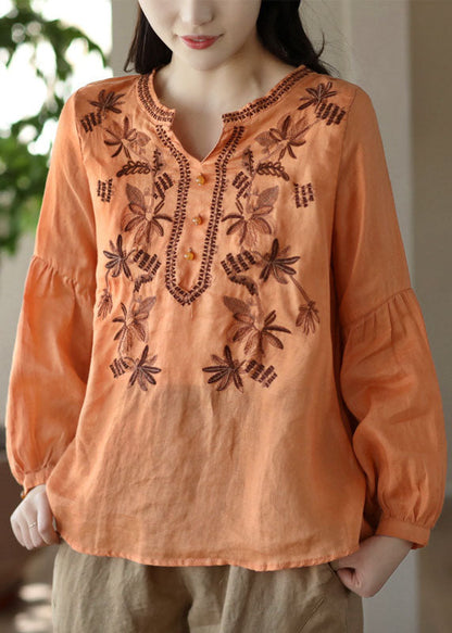 Orange Embroideried Wrinkled Patchwork Linen T Shirt Spring