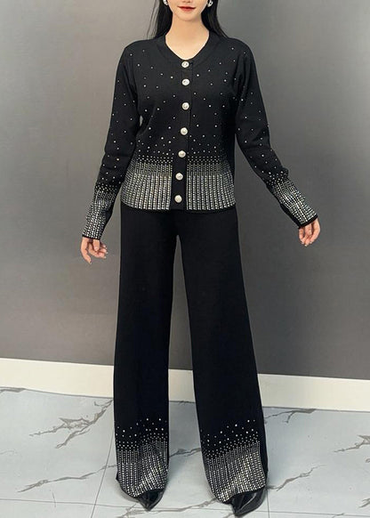 Classy Black V Neck Dot Print Knit Top and Wide Leg Pants Two Pieces Set Spring