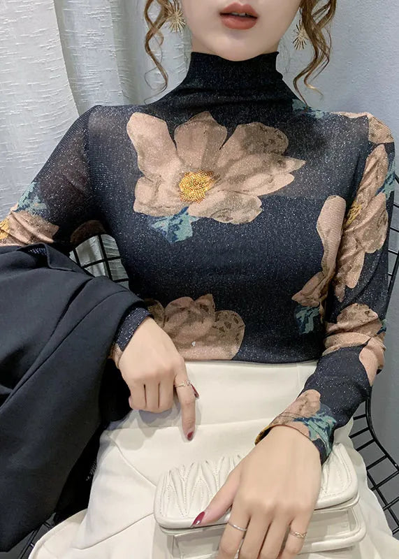 Green Turtleneck Print Lace Tulle Warm Fleece Thick Tops Bottoming Shirt