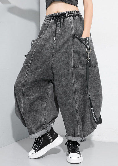 Black Grey Cinched Patchwork Denim Pants Trousers Spring