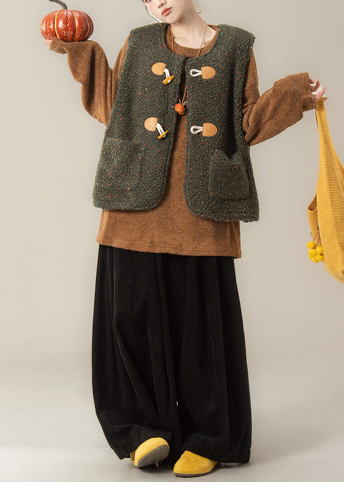 Japanese Style Green Vest and Top Pants Three Pieces Set Winter