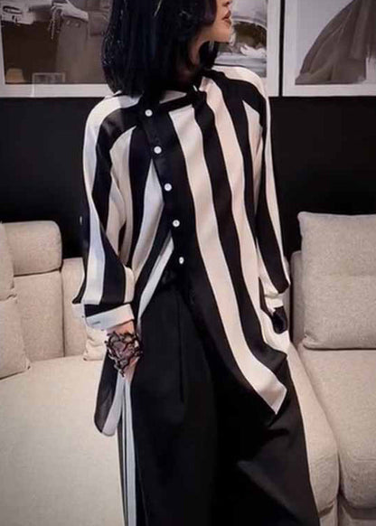 Striped Asymmetrical Button Patchwork Cotton Blouses Fall
