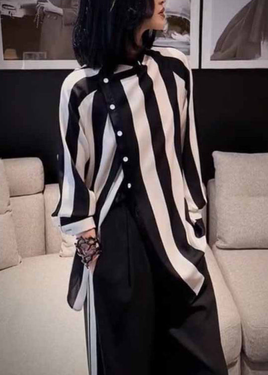 Striped Asymmetrical Button Patchwork Cotton Blouses Fall