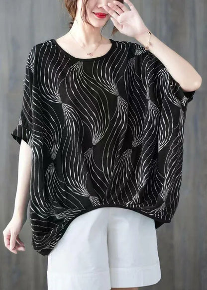 Black Print Cotton Tanks Wrinkled O-neck Batwing Sleeve