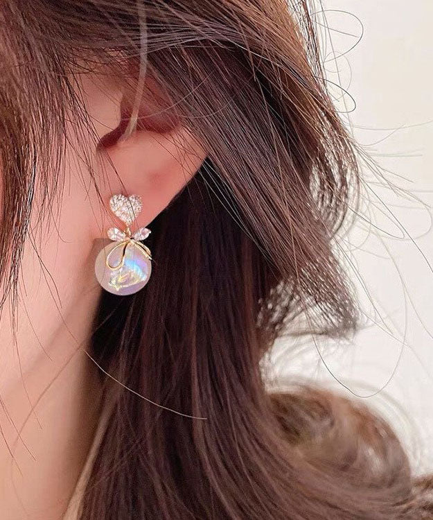 White Copper Overgild 14k Gold Pearl Zircon Bow Drop Earrings