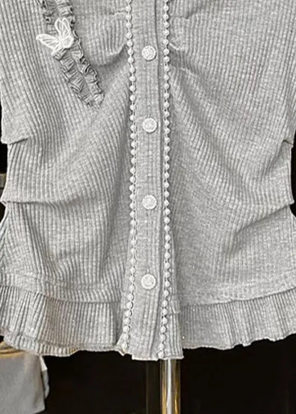 Grey V Neck Ruffled Butterfly Cotton T Shirts Spring