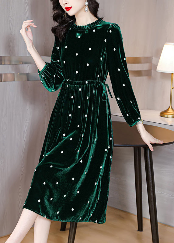 Green Ruffled Wrinkled Drawstring Patchwork Velour Dress Fall