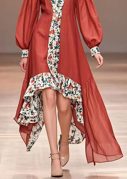 Red Print Asymmetrical Long Dresses Fall