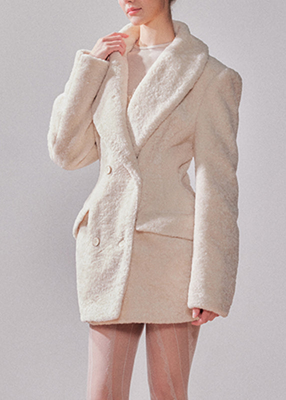 White Notched Patchwork Button Faux Fur Coats Winter