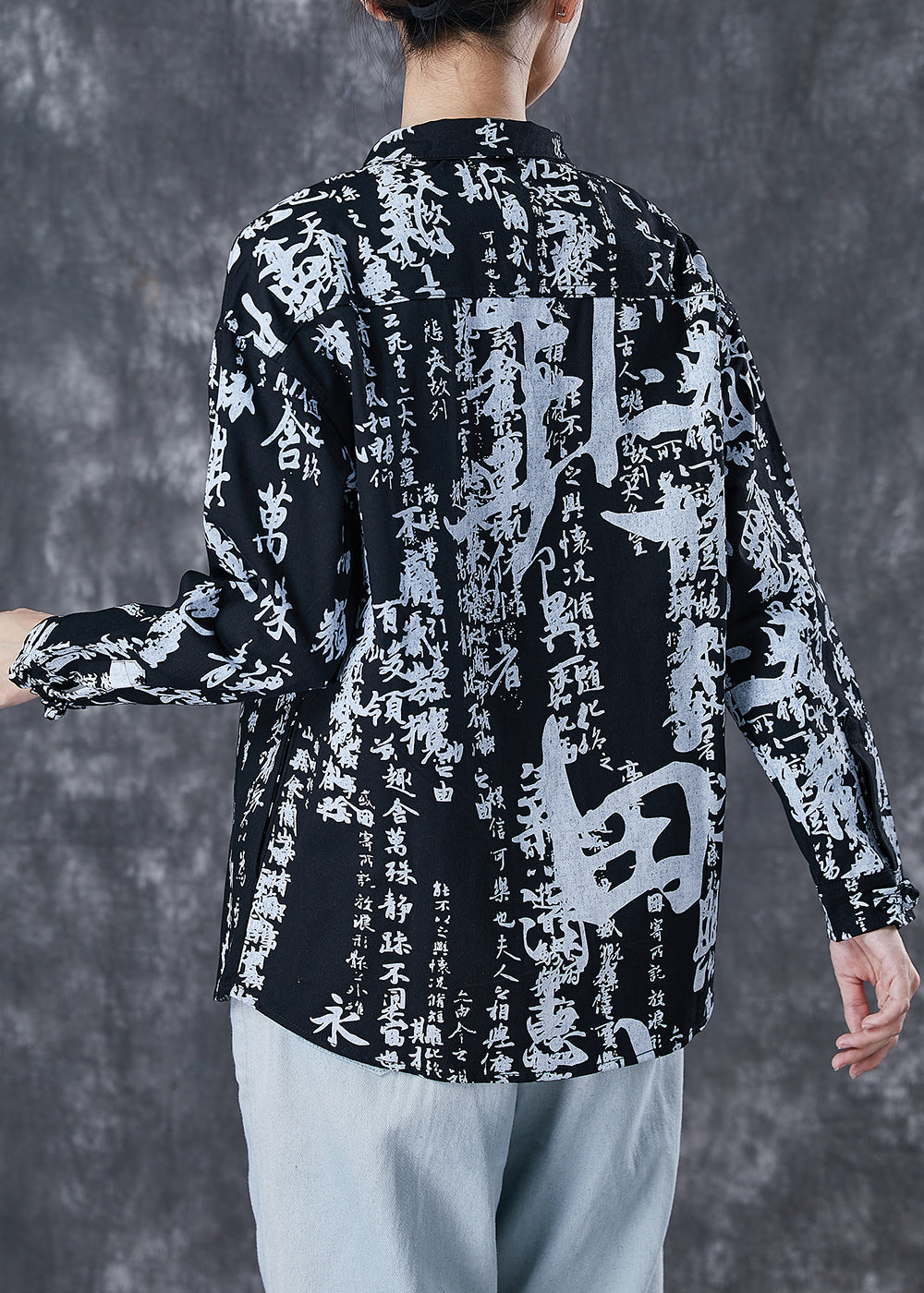 Black Print Chinese Button Cotton Shirt Spring