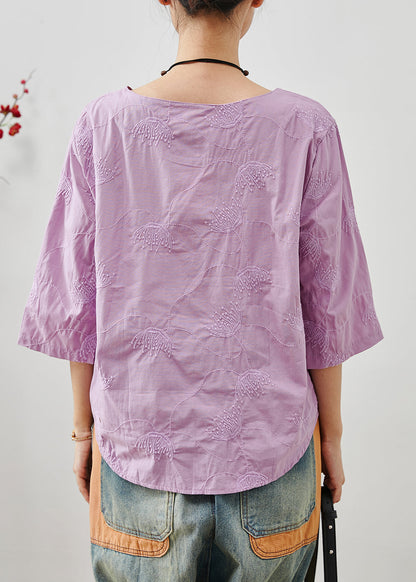 Purple Cotton Top O-neck Embroidered Summer