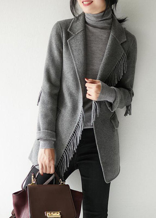 French Grey Notched Tassel Woolen Blend Coat Fall