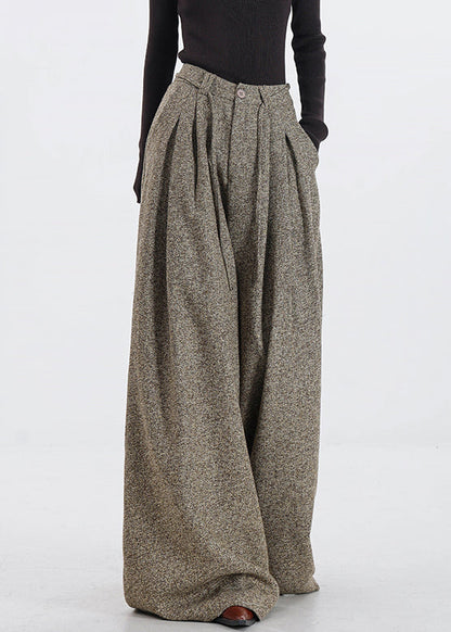 Khaki Pockets High Waist Woolen Pants Fall