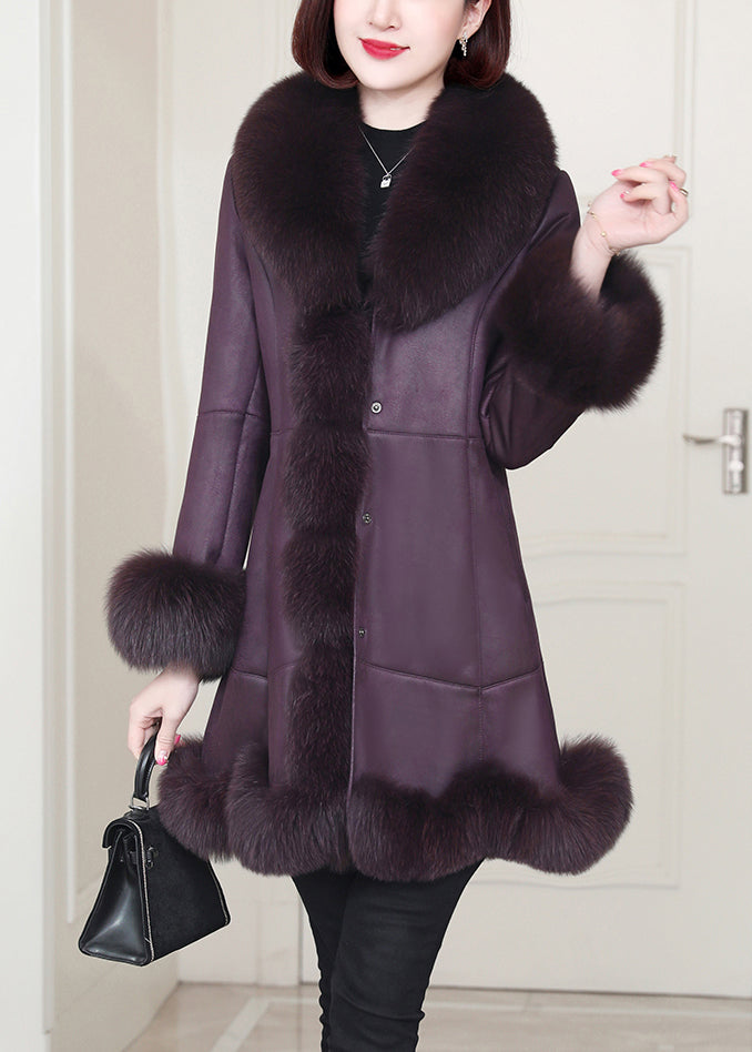 Top Quality Purple Rabbit Hair Collar Pockets Leather and Fur Coats Winter