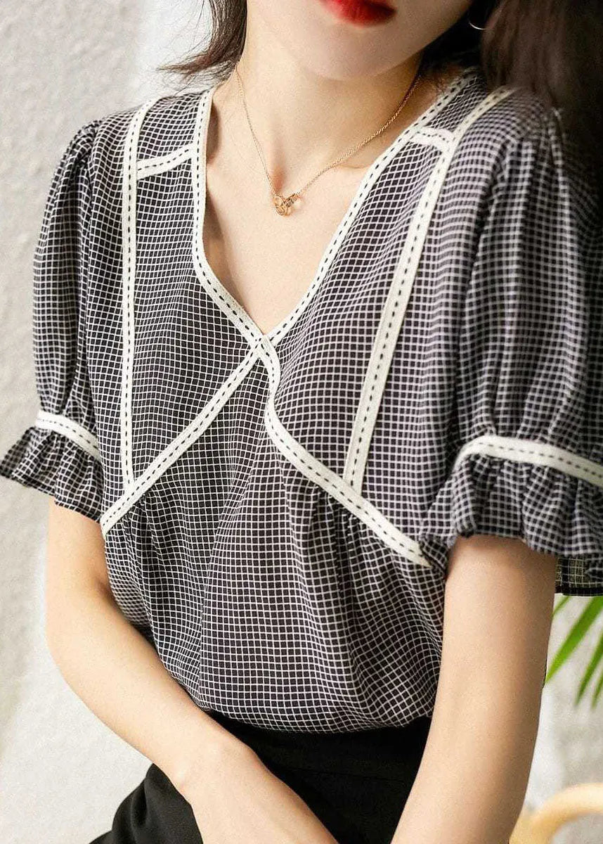 Small Plaid Ruffled Patchwork Silk Tops Summer