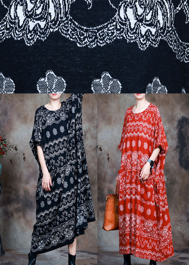 Black Knit Print Fall Long Sleeve Dress