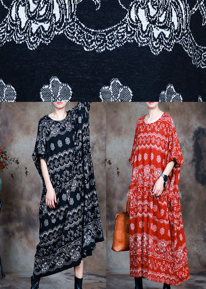 Black Knit Print Fall Long Sleeve Dress