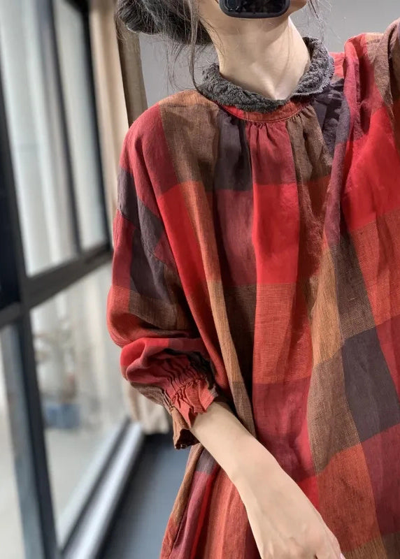 Red Plaid Patchwork Cotton Dresses Fall