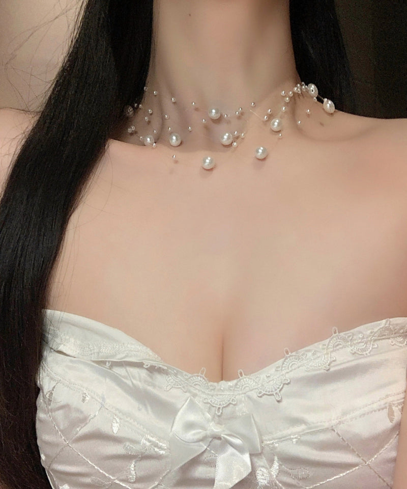 White Alloy Multi Layer Pearl Starry Sky Princess Necklace