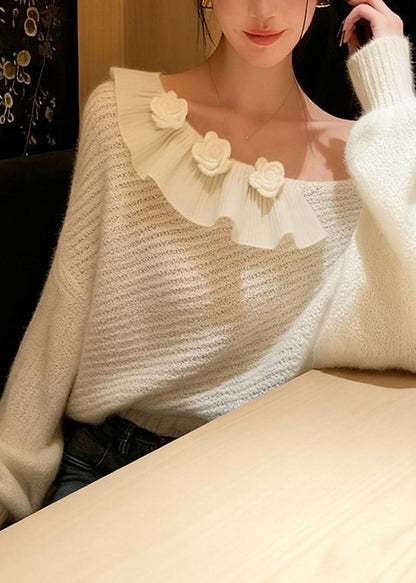 French White One Shoulder Decorated Knit Sweater Spring