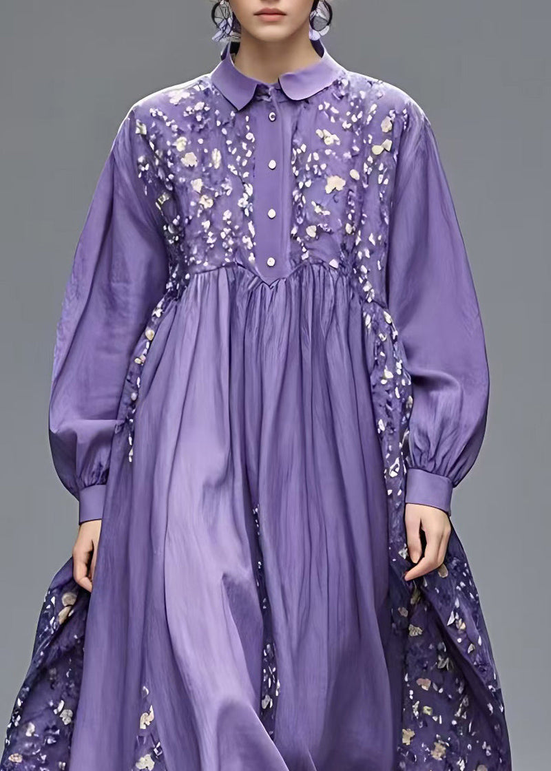 French Purple Peter Pan Collar Patchwork Long Dresses Long Sleeve Spring