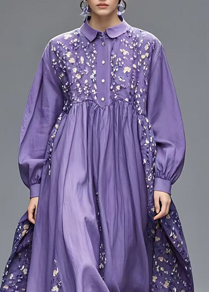 French Purple Peter Pan Collar Patchwork Long Dresses Long Sleeve Spring
