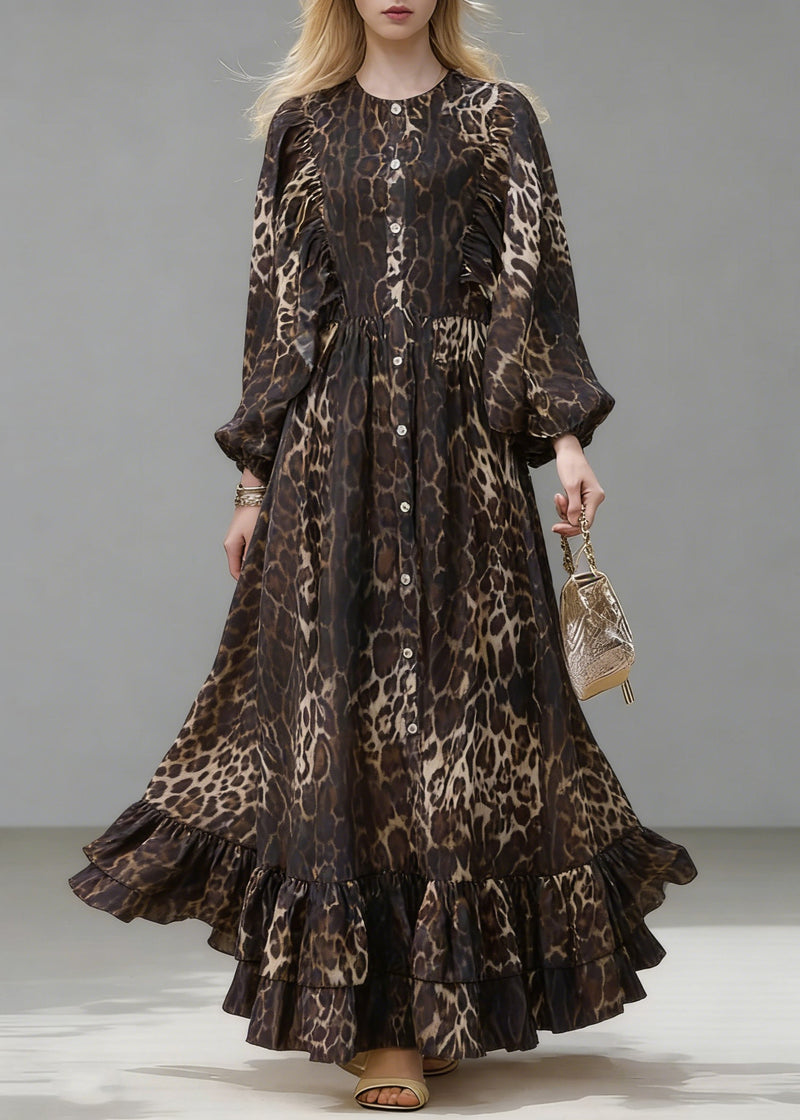 Stylish Brown Oversized Leopard Print Long Dress Lantern Sleeve