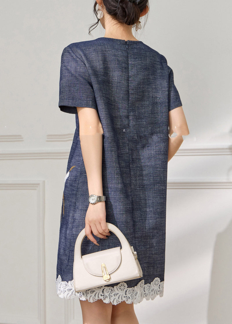 Modern Blue O-neck Embroidered Mid Dress Summer