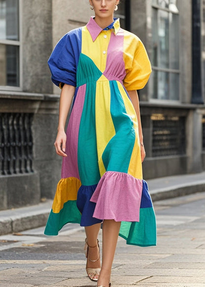 Colorblock Puff Sleeve Patchwork Cotton Party Dress Summer