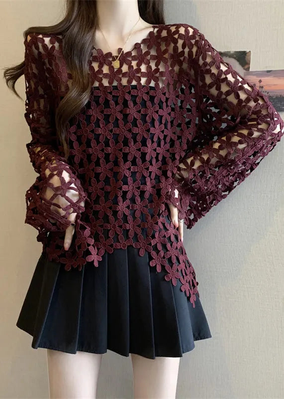 Mulberry Embroidered Sheer Tops Fall