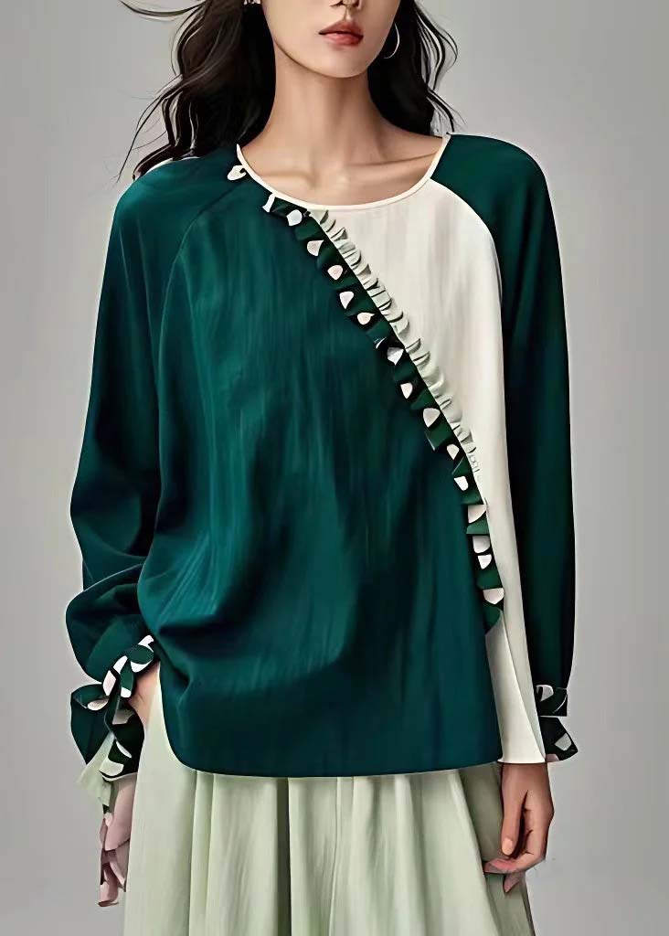 New Green O-neck Ruffled Patchwork Linen Tops Long Sleeve