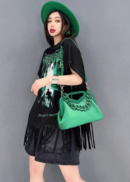 French Black O-neck Tassel Print Cotton Tank Tops Short Sleeve