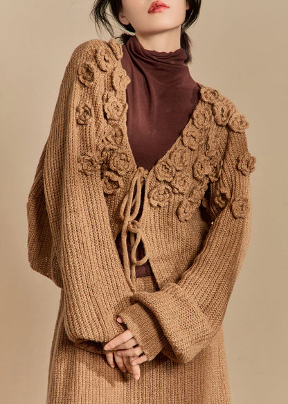 Dark Khaki Lace Up Hollow Out Knit Two Piece Set Spring