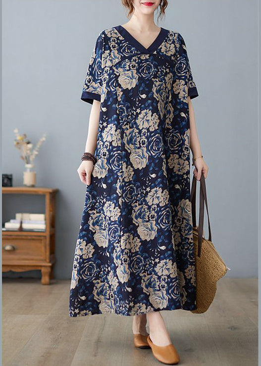 Navy Oversized Print Cotton Vacation Dresses Summer