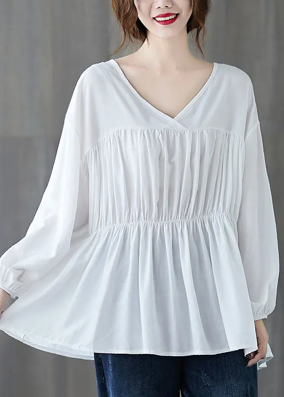 White Loose V Neck Wrinkled Fall Long Sleeve Shirt Top