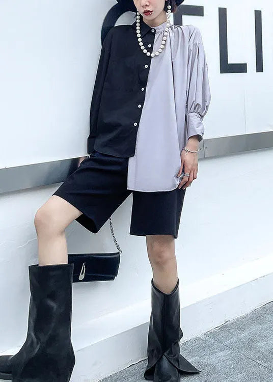 Black Patchwork Button Asymmetrical Design Fall Long Sleeve Shirt Top