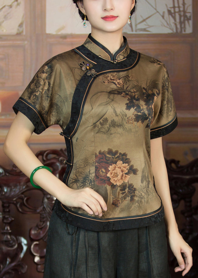 Dark Khaki Button Print Patchwork Silk Shirts Summer