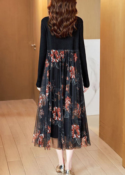 Black Stand Collar Patchwork Tulle Knit Long Dress Spring