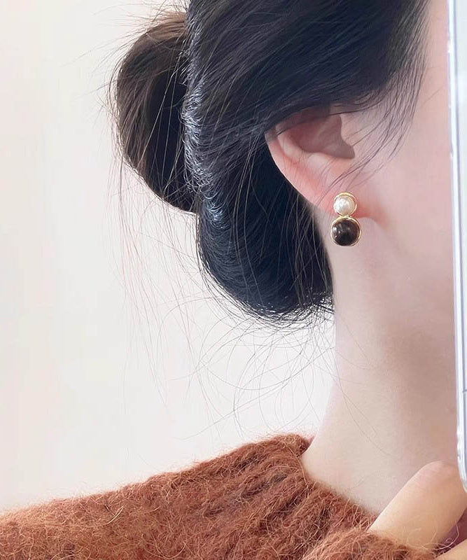 Gold Copper Alloy Cat Eye Stone Pearl Hoop Earrings