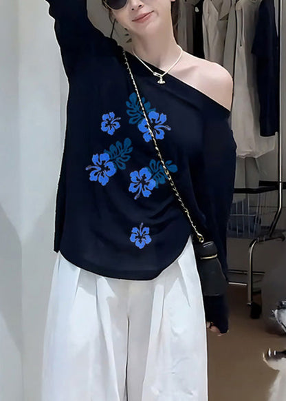 Simple Navy Cold Shoulder Print Cotton T Shirts Fall