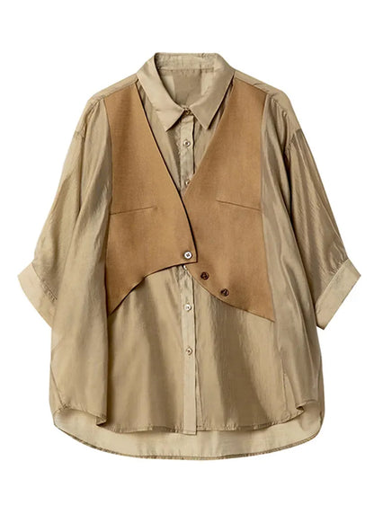 Khaki Peter Pan Collar Patchwork Button Shirts Half Sleeve