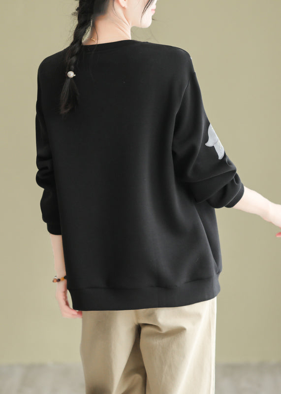 Black O Neck Embroideried Cotton Pullover Sweatshirt Fall