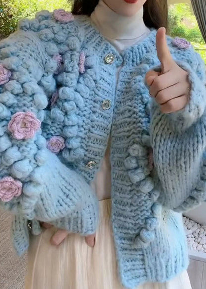 Blue O Neck Button Cozy Knit Coat Winter