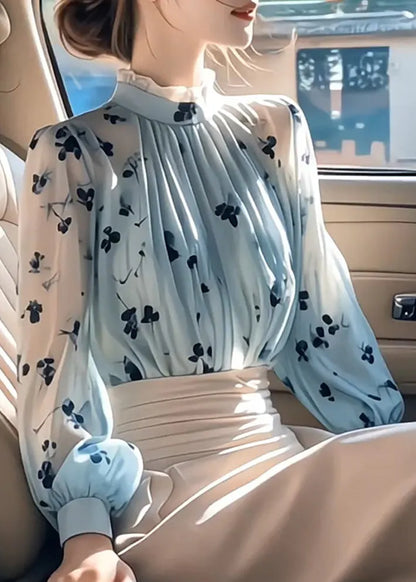 Blue Ruffled Print Wrinkled Chiffon Shirt Fall