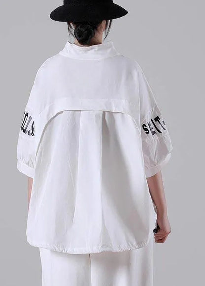 White Zippered Cotton Blouse Tops Summer