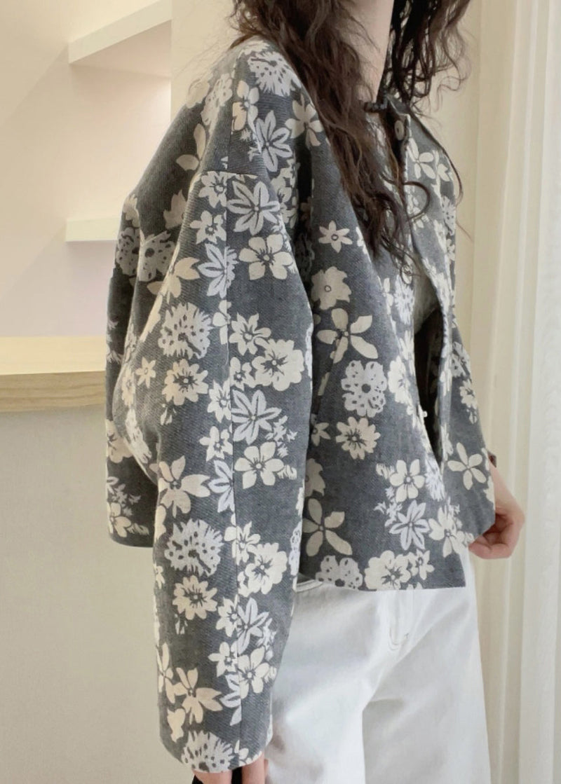 French Grey O Neck Print Cotton Jacket Fall