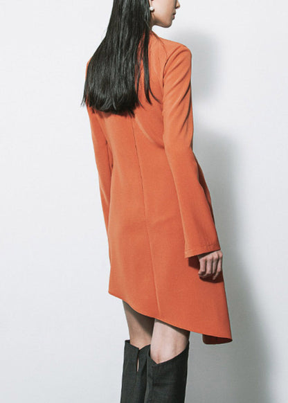 French Brown O-neck Wrinkled Asymmetrical Patchwork Mid Dress Fall