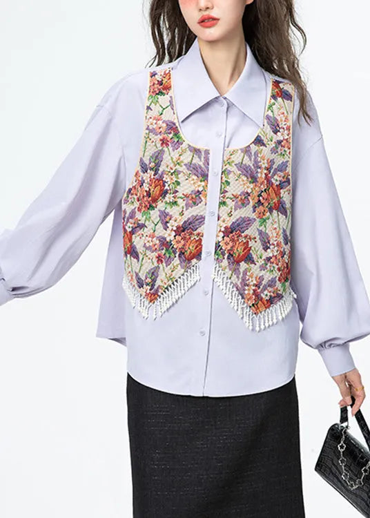 Jacquard Llight Purple Peter Pan Collar Print Tassel Button Shirt Puff Sleeve