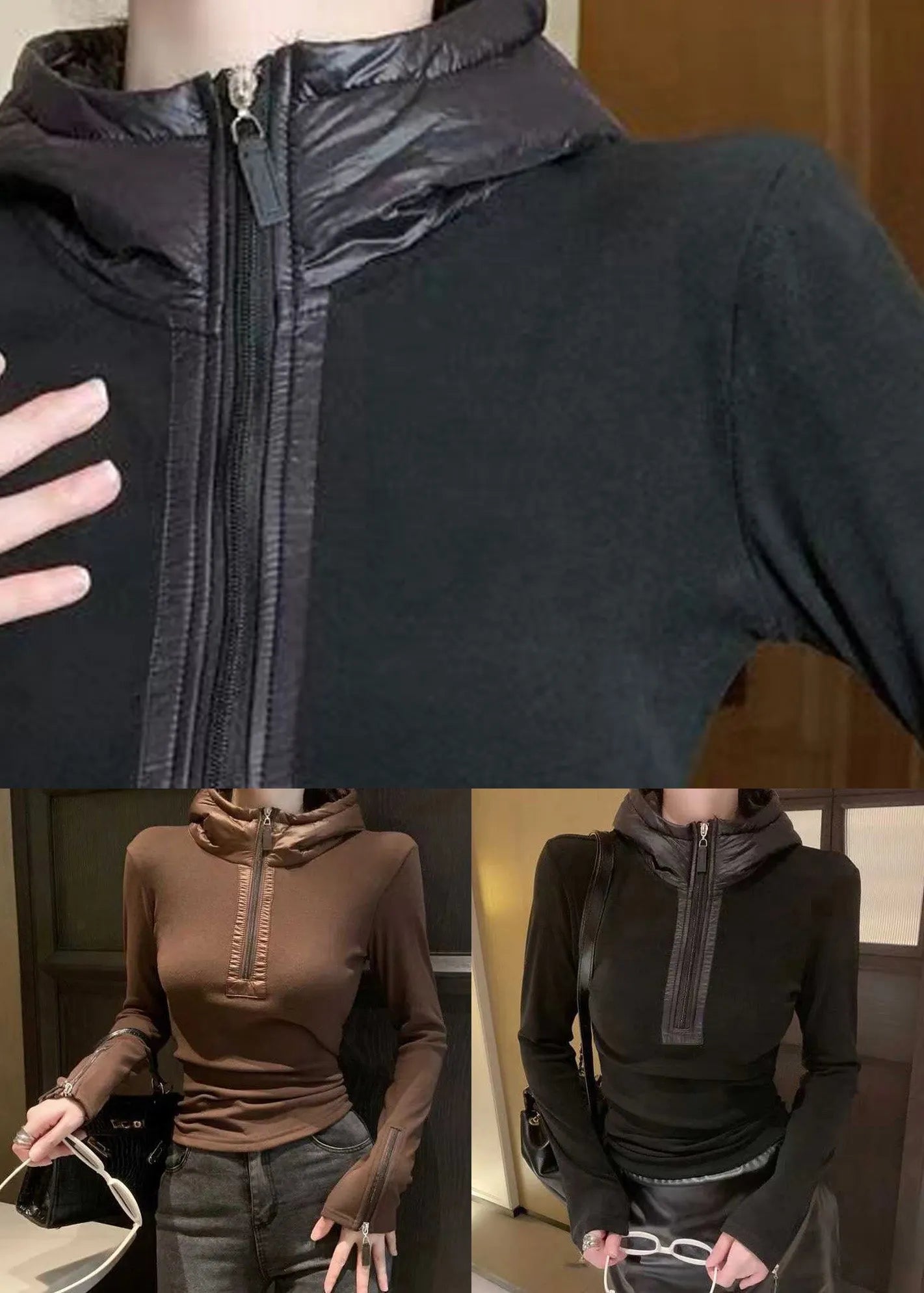 Slim Fit Black Hooded Zippered Cotton T Shirts Top Winter